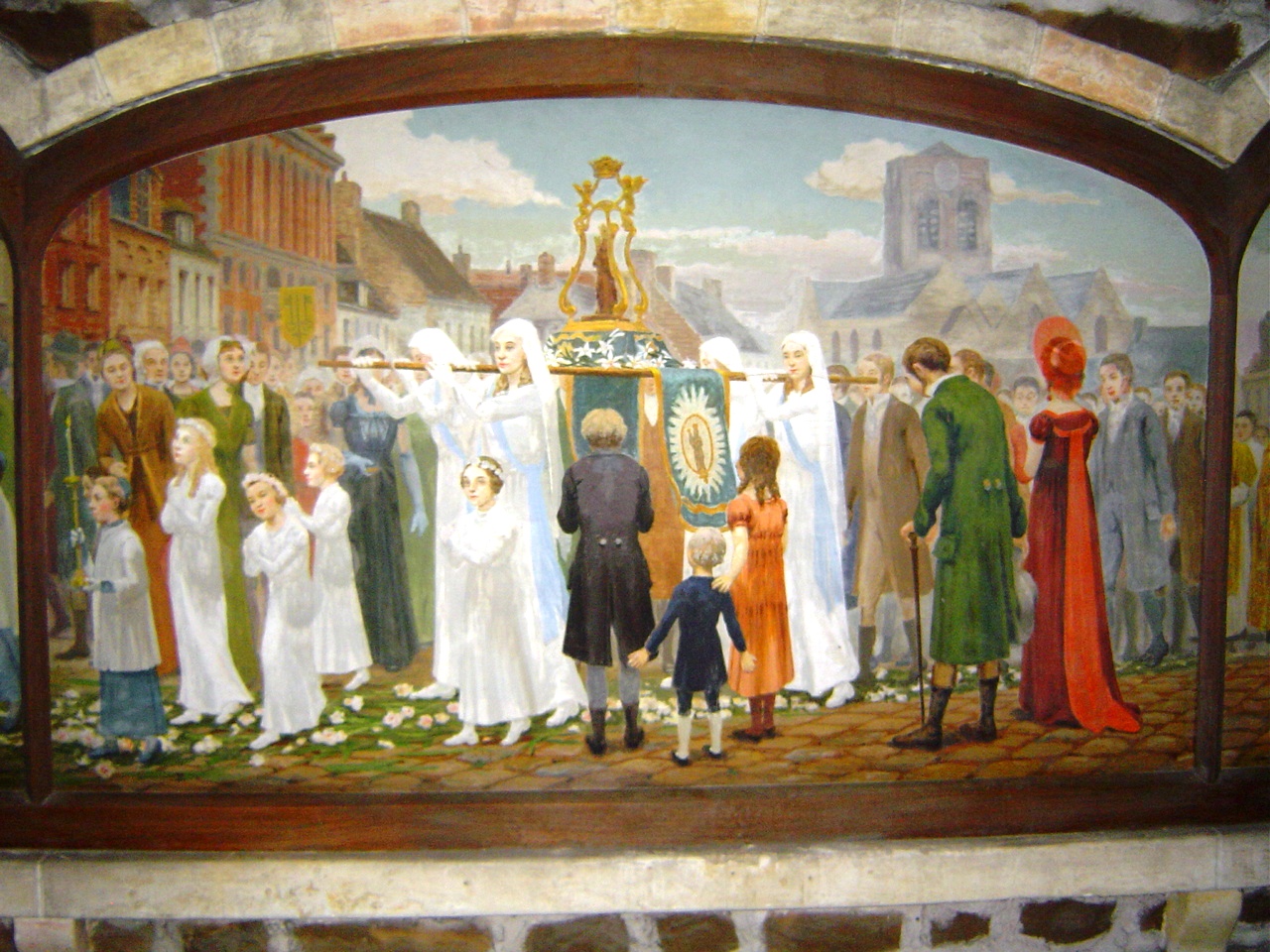Procession lors de la Fête Dieu à Cassel (peinture de Deschodt) dans la chapelle J-PII